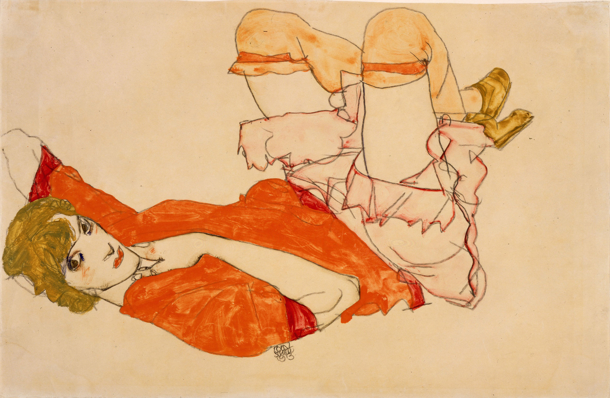 egon schiele wally in red blouse with raised knees 1913 watercolor gouache 31x47cm pc