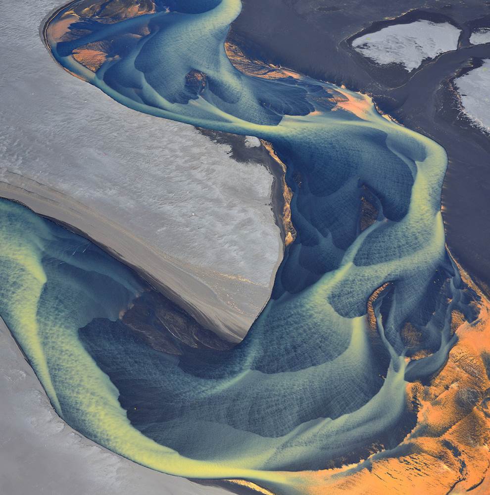 aerial photography glacial river iceland
