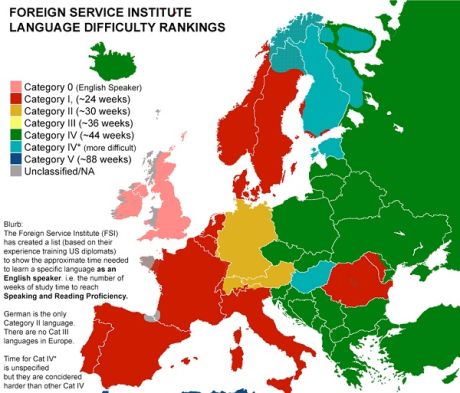 Ένας χάρτης που δείχνει πόσο καιρό χρειάζεται να μάθει κάποιος μία ξένη γλώσσα